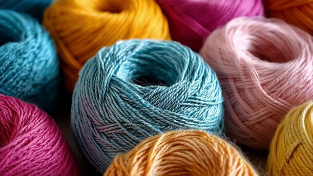A skein of blue wool yarn close-up against a background of blurred skeins of multi-colored yarn. Selective focus. Knitting, hobby, warmth, coziness
