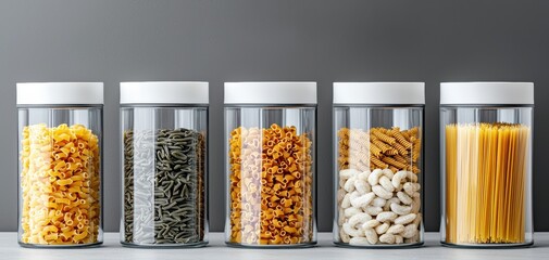 Sleek modern pantry with pull-out storage bins, labeled glass containers filled with pasta, cereals, and dried fruit, highly organized aesthetic