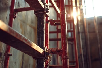 A close-up shot of a red scaffolding structure in a building, providing access and support for workers