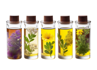 Botanical Beauty: Five apothecary bottles, each showcasing a vibrant blend of natural oils infused with different botanical elements. Capturing the essence of natural remedies and wellness.
