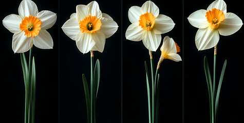  Four White and Orange Daffodils in Various Stages of Bloom Against a Black Background