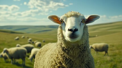 Fototapeta premium A fluffy sheep stares directly at the viewer in a field