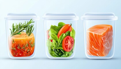 Vector set of reusable meal prep containers, transparent lids, vibrant food inside, eco-friendly kitchen organization concept