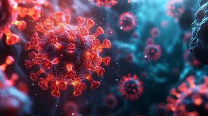 Close-up of human skin with glowing virus particles surrounded by abstract mosquito shapes, soft-focus laboratory background