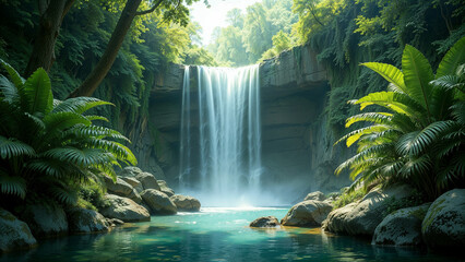 Jungle waterfall, clear pool surrounded by lush greenery in a serene forest landscape.