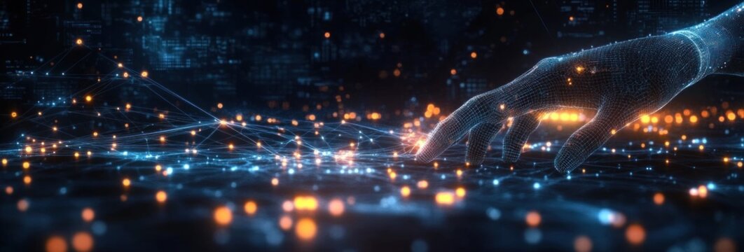 Digital Network Interface Concept with Glowing Nodes and Lines in Futuristic Cyberpunk Technology Background