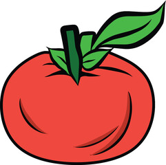 Illustration of a bright red tomato with green leaves, drawn in a cartoon style.Perfect for food-related designs,educational resources,or promotional material involving fresh produce or healthy eating