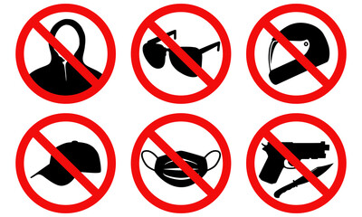 Prohibition signs, Set prohibition of no hoodie, sunglasses, helmet, hat, face mask, weapons gun and knife. flat vector illustration design.