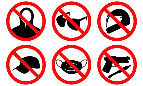 Prohibition signs, Set prohibition of no hoodie, sunglasses, helmet, hat, face mask, weapons gun and knife. flat vector illustration design.