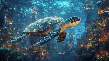 Fototapeta premium A beautiful sea turtle swims above an underwater city landscape