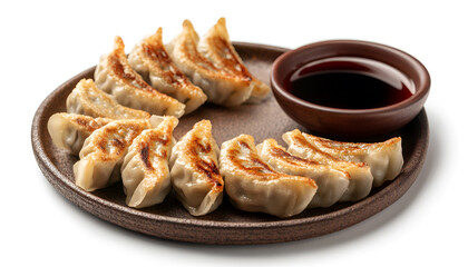 Tasty boiled gyoza (dumplings) with soy sauce on white background, collage