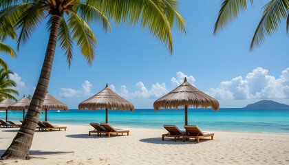 Obraz premium Tropical beach with thatched umbrellas and lounge chairs by the ocean by Cavan
