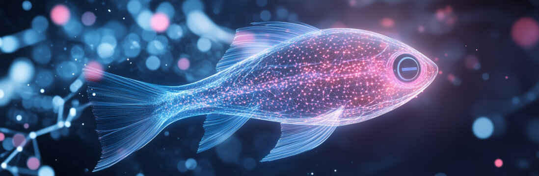 A digital fish with artificial intelligence swimming through digital space. The fish's body is covered with a network structure and it emits a luminous effect with neon colors. AI fish 