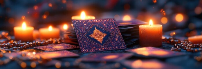 Tarot Card Reading with Candles and Mystic Beads in Purple and Orange Light