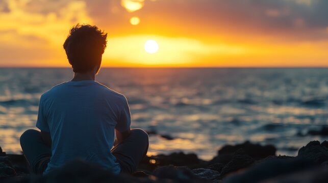 Silhouette of a young man meditating at sunset by the ocean, feeling peace and tranquility