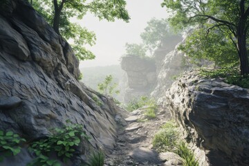 Obraz premium A tranquil morning hike through rugged cliffs and lush greenery in a serene natural landscape
