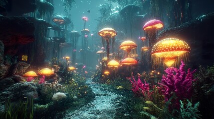 An underwater scene featuring bioluminescent mushroom forests and coral