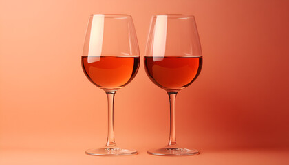 Tasty rose wine in glasses on coral color background, flat lay