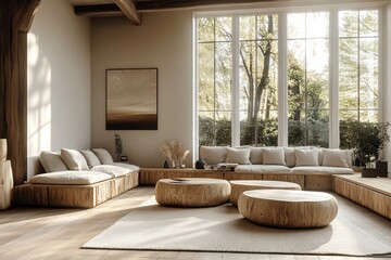 Obraz premium Scandinavian minimalist living room with natural wooden furniture and large windows featuring tree stump coffee tables and beige sofa