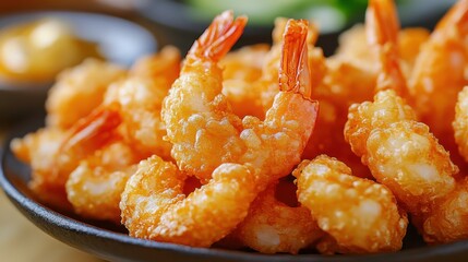 Fried shrimp on black plate. Crispy seafood dish. Delicious appetizer. Golden brown cooked shrimp. Close up. Asian cuisine. Prepared food. Restaurant menu item.