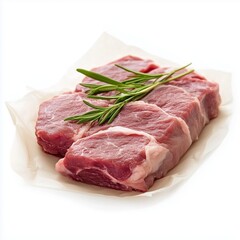 Fresh raw lamb chops with rosemary on parchment paper.