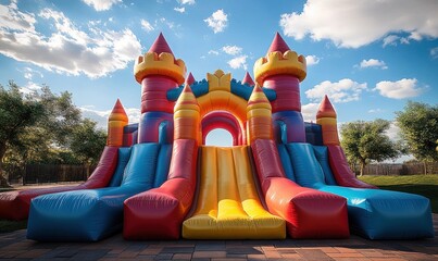 Colorful Bouncy Castle Slide for Kids Fun in the Sun with Bright Blue Sky and Tropical Trees
