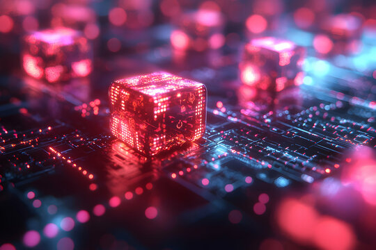 Glowing cubes on a circuit board suggest advanced technology. Ideal for visualizing data processing, AI, or futuristic concepts.