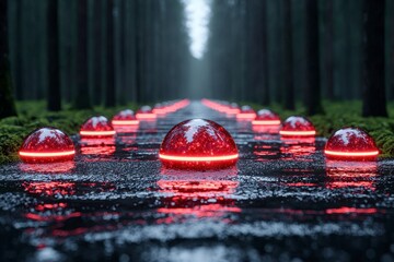 Glowing Red Orbs on a Rainy Forest Path