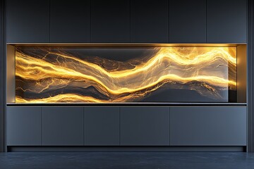 Modern kitchen with gold and black artistic panel, home decor and interior design