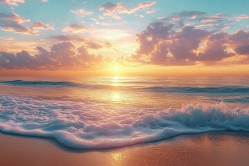 serene ocean sunset golden hour beach landscape with calm waves and pastel clouds
