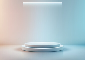 modern 3d white podium with neon light, gradient backdrop, technology concept, product display mockup