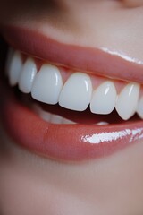 A person's mouth with white teeth in a close-up shot, suitable for use in ads, commercials or promotional materials