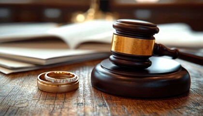 Divorce Concept Legal Separation Judge Gavel Wedding Rings Open Contract