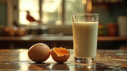 A cracked egg on a clean surface with a glass of milk, symbolizing food safety and the potential spread of diseases.