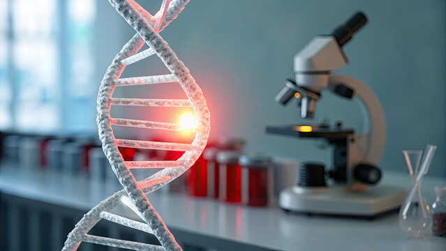Close-up of glowing DNA double helix with red warning sign symbolizing cancer risk, set in a medical lab with test tubes and microscopes. Genetic research, health risk awareness