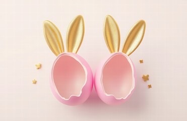 Obraz premium 3D Easter egg cut in half and bunny ears. inside two open half egg shells in pink and gold colors on a white background
