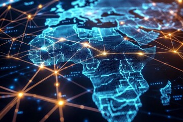 A futuristic illustration showcasing the expansion of blockchain networks across Africa.