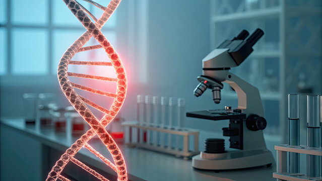 Close-up of glowing DNA double helix with red warning sign symbolizing cancer risk, set in a medical lab with test tubes and microscopes. Genetic research, health risk awareness