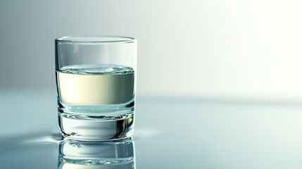 A clear glass with a pale liquid is sitting on a surface