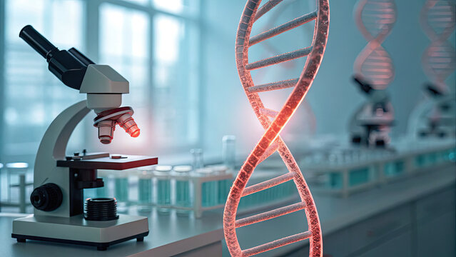 Close-up of glowing DNA double helix with red warning sign symbolizing cancer risk, set in a medical lab with test tubes and microscopes. Genetic research, health risk awareness
