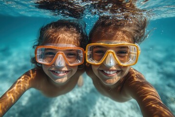 Fototapeta premium Smiling kids underwater with goggles enjoying a sunny day