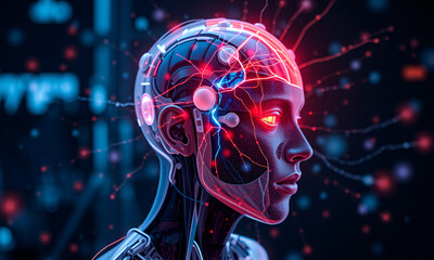 Fototapeta premium A cybernetic human with a transparent head revealing abstract digital thoughts float in holographic layers