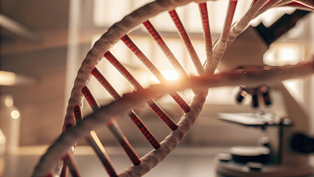 Close-up of glowing DNA double helix with red warning sign symbolizing cancer risk, set in a medical lab with test tubes and microscopes. Genetic research, health risk awareness