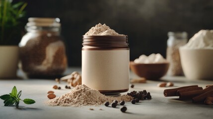 A jar filled with powder and surrounded by various ingredients, perfect for depicting scenes in laboratories or workshops