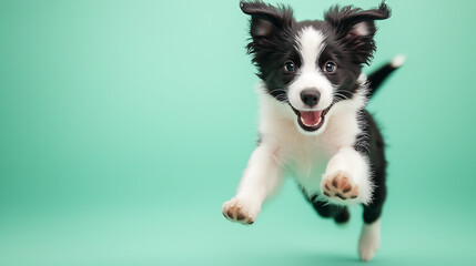 Fototapeta premium Adorable Border Collie Puppy Leaps, Happy, Playful, Cute, Energy