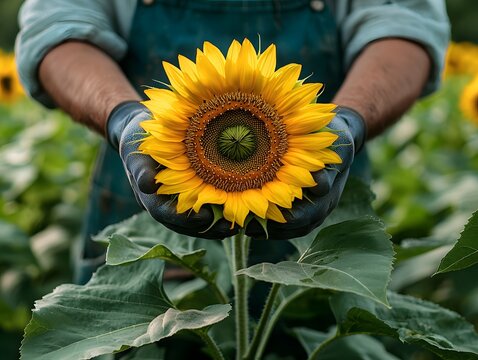 Joyful gardener holds a radiant sunflower bloom