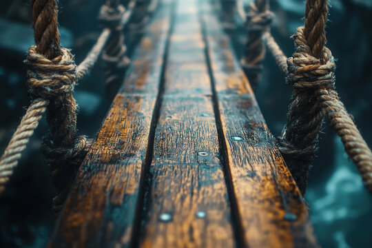 Close-up of a narrow wooden suspension bridge in cloudy weather. Generated by artificial intelligence