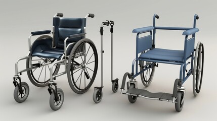 Fototapeta premium Accessible medical equipment streamlined 3d render of wheelchair, walker, and crutches