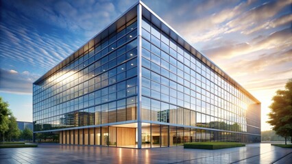 Fototapeta premium Modern Glass Facade Office Building at Sunset, Reflecting the Golden Hour Light, with Lush Landscaping and Clean Lines, Representing Success and Innovation in Business
