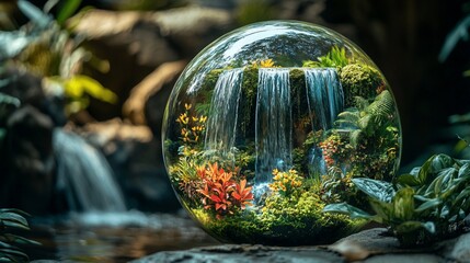 Miniature Waterfall Garden Globe, Lush Nature Background, Zen Decor